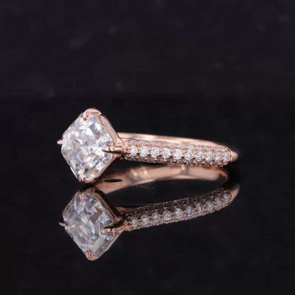 Asscher Cut Moissanite Solitaire Ring with Pave Diamond Shank