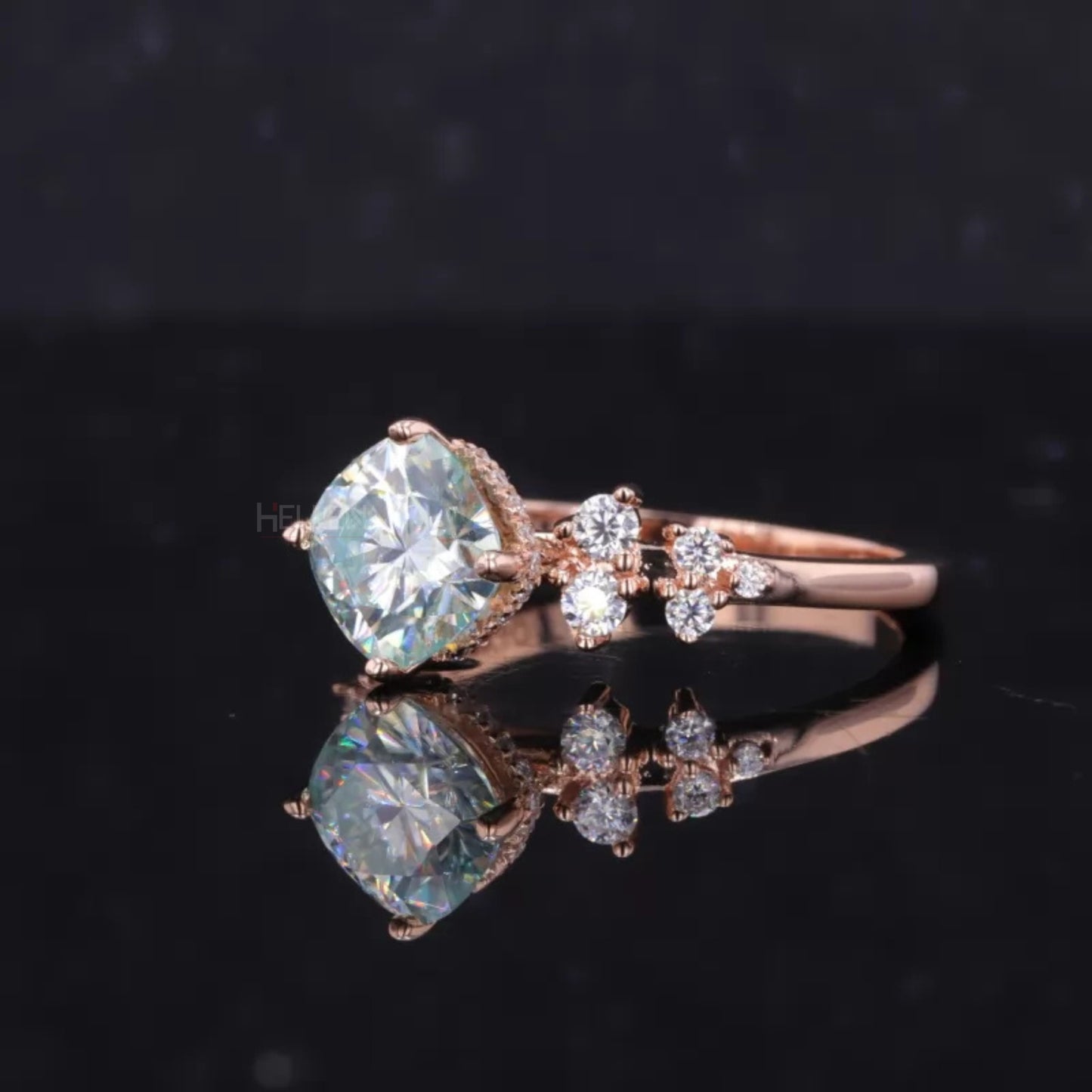 Blue-Greenes Cushion Cut Solitaire Halo Engagement Ring
