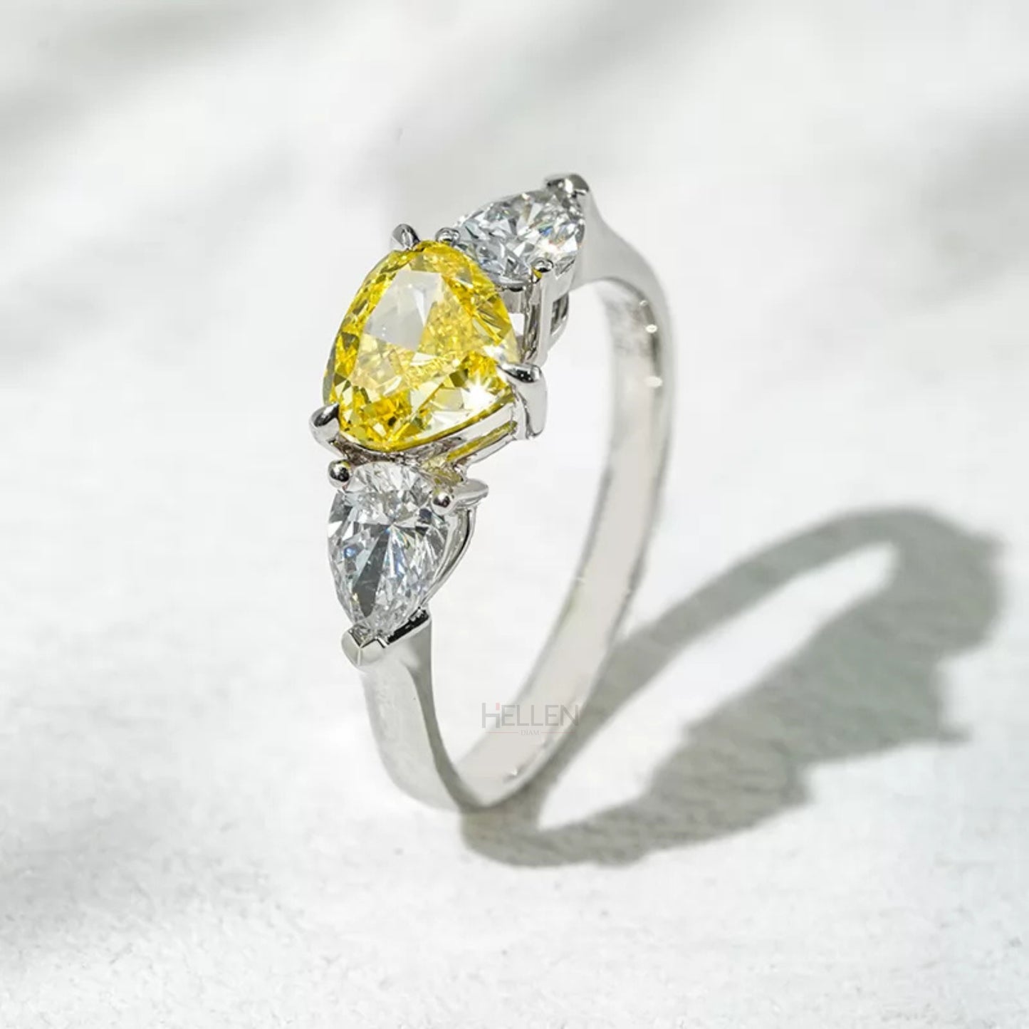 Yellow Sapphire Heart & Pear Cut Moissanite 3 Stone Engagement Ring