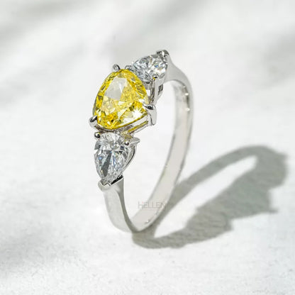 Yellow Sapphire Heart & Pear Cut Moissanite 3 Stone Engagement Ring