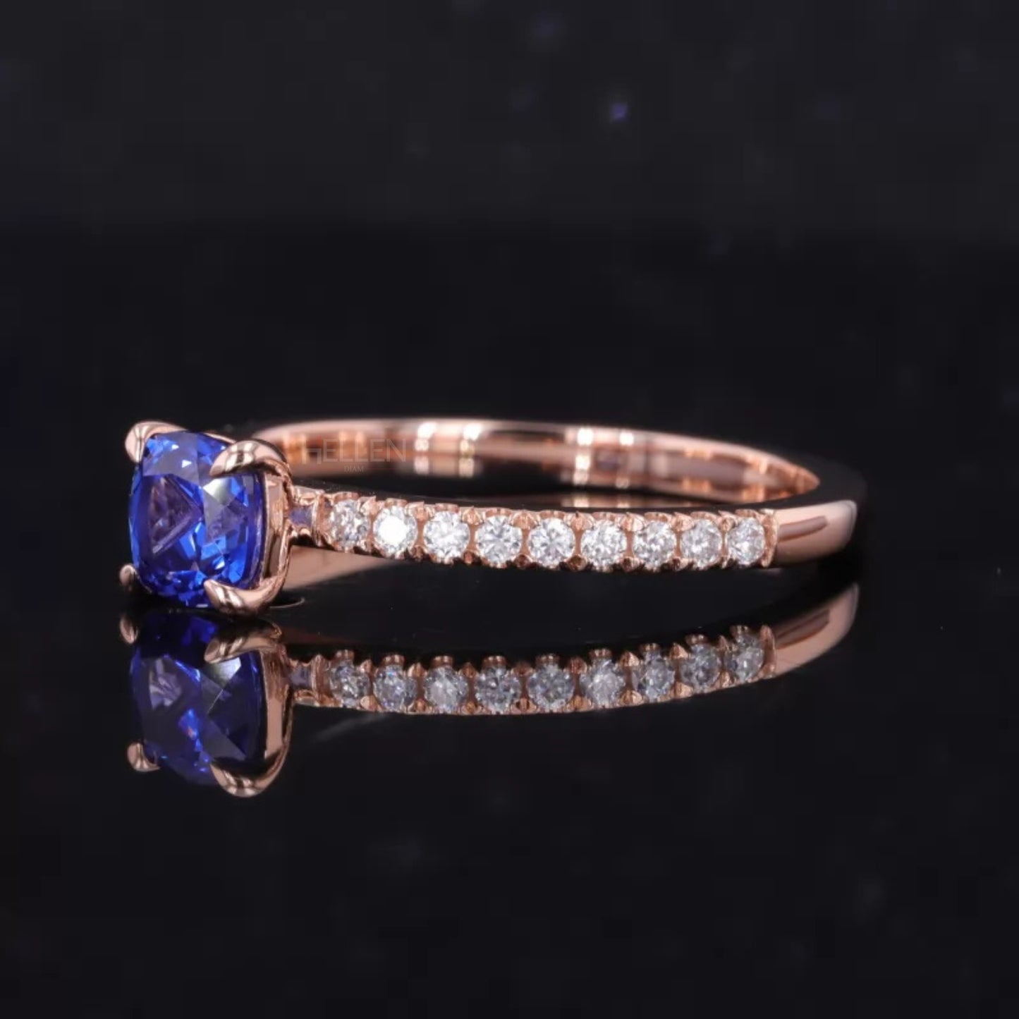 Cushion Cut Blue Sapphire Solitaire & Round Moissanite Ring