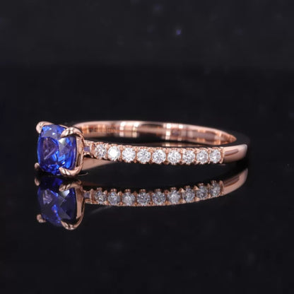 Cushion Cut Blue Sapphire Solitaire & Round Moissanite Ring
