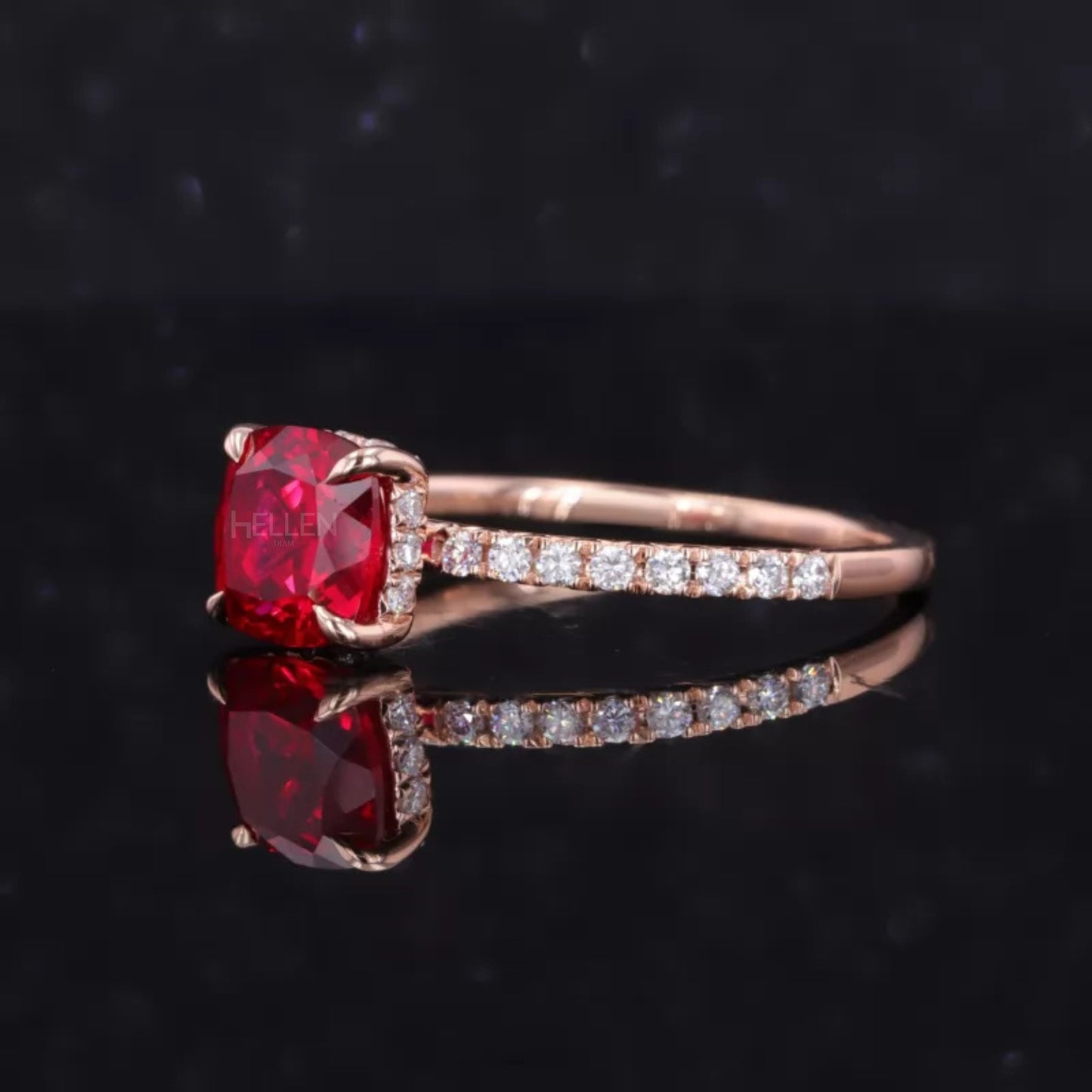 Red Ruby Cushion Cut Moissanite Pave Ring