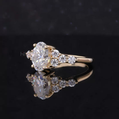 Oval Moissanite Solitaire & Round Cut Vintage Cluster Ring