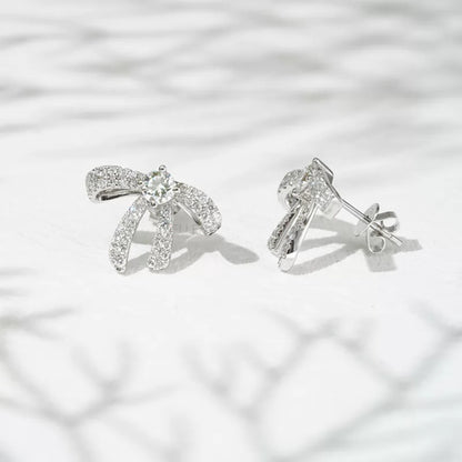 Elegance Silver Moissanite Ribbon Bow Stud Earrings