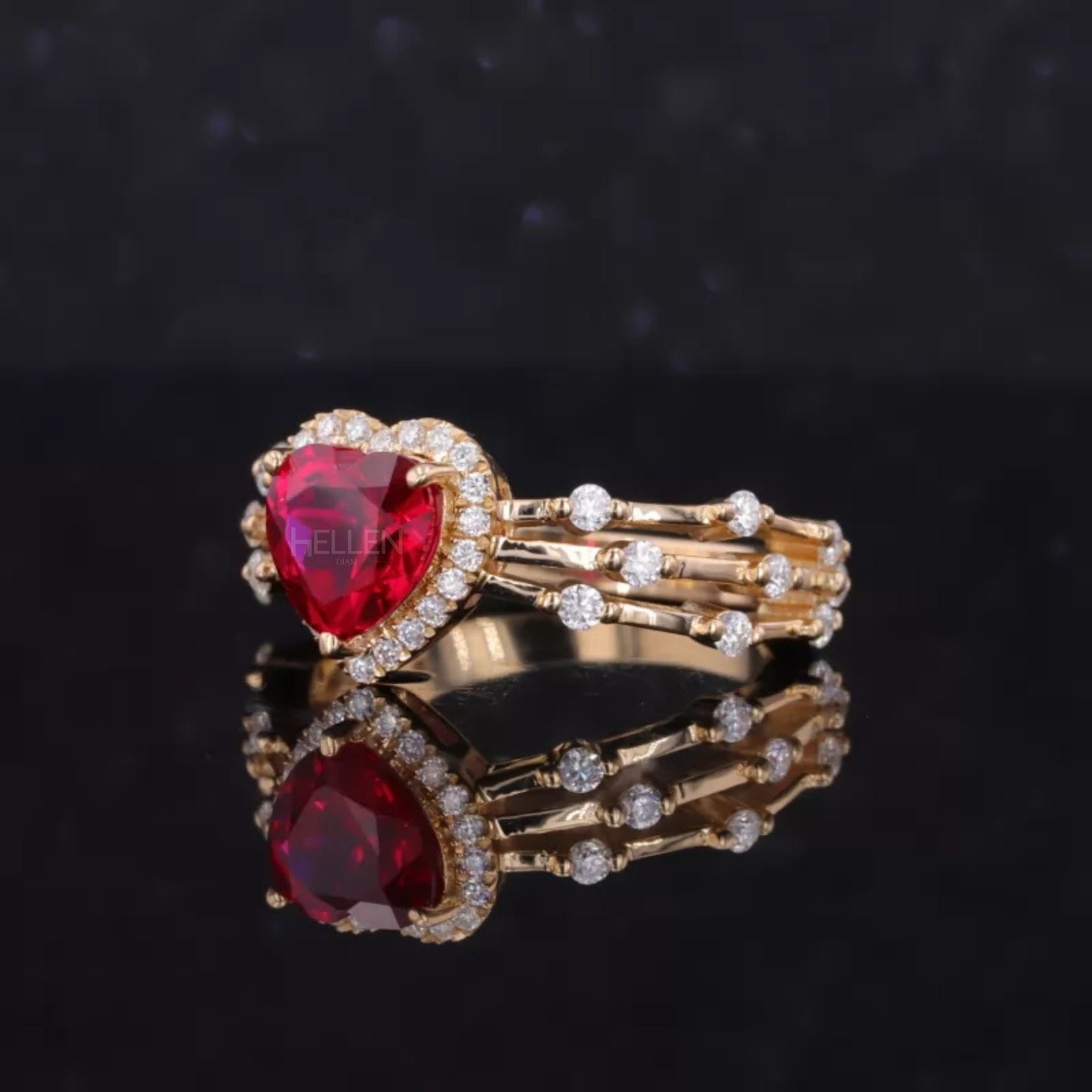Heart Shaped Blood Red Gemstone & Moissanite Halo Ring