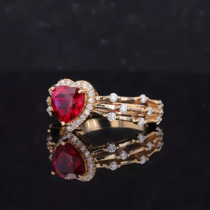 Heart Shaped Blood Red Gemstone & Moissanite Halo Ring