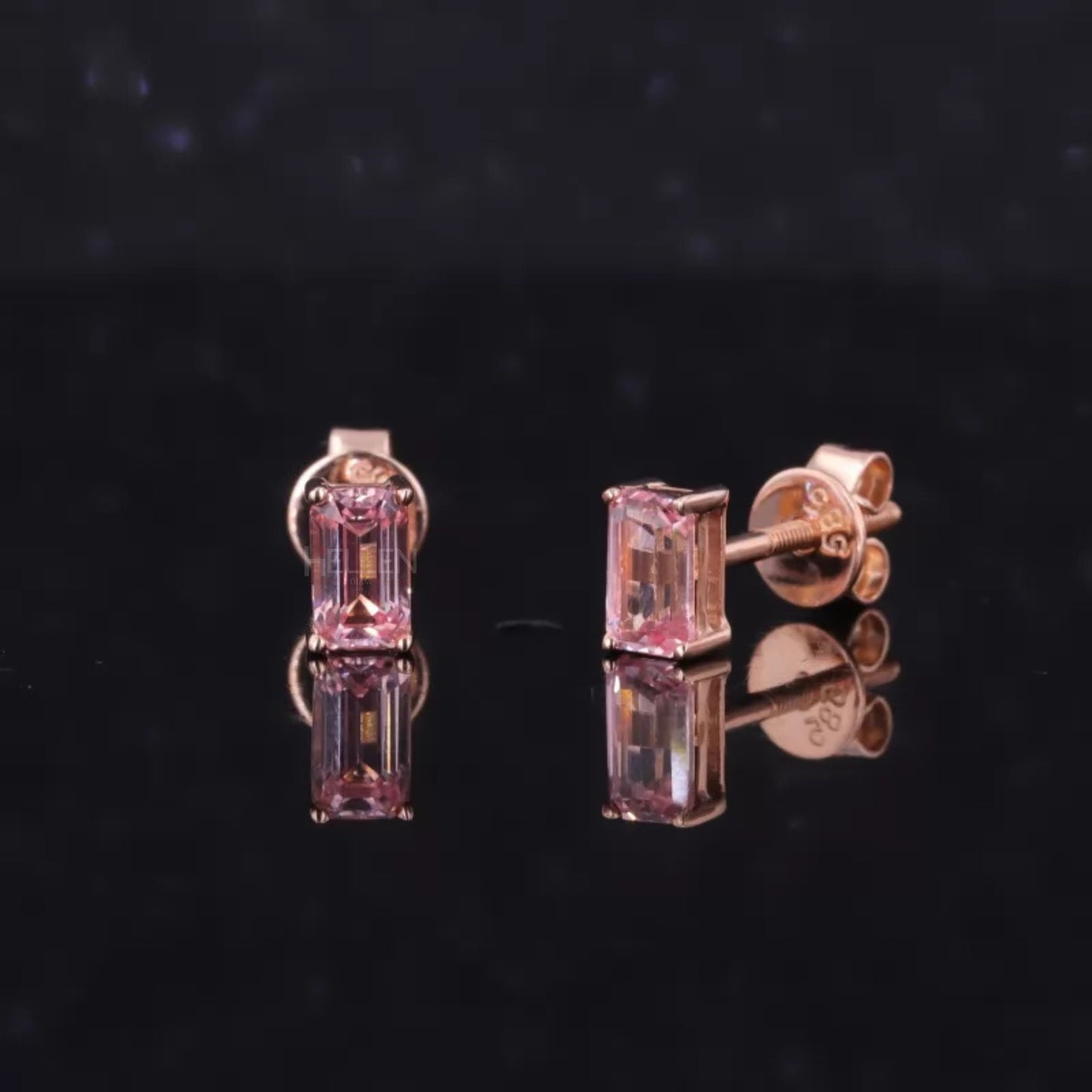 Pink Semi-Precious Emerald Cut Gemstone Studs