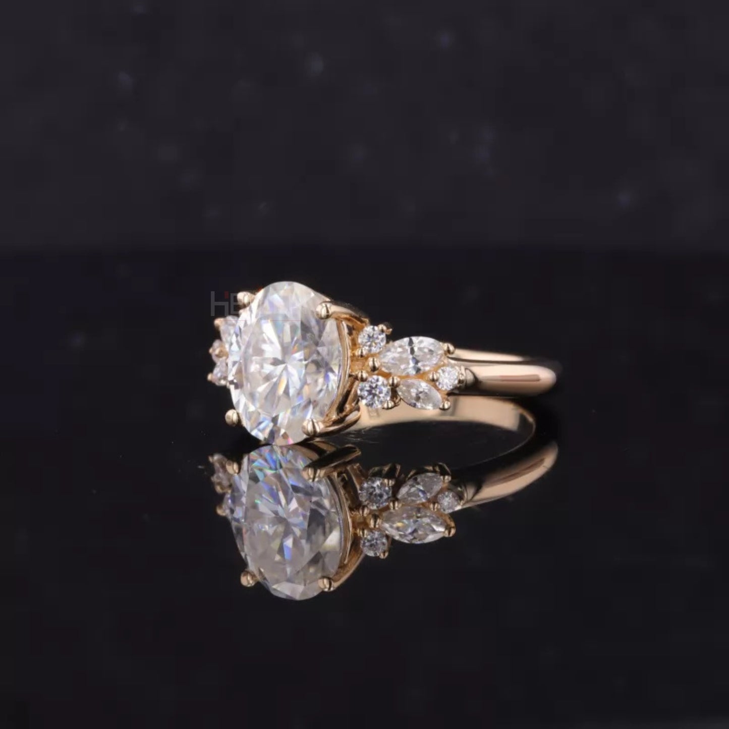 Oval Cut Solitaire with Marquis & Round Side Stone Natural Ring