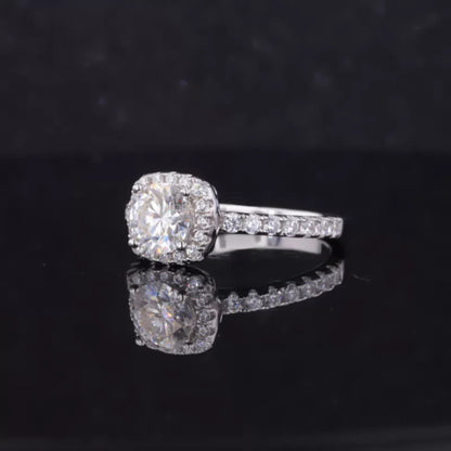 Cushion Shape Illusion Halo Round Cut Moissanite Solitaire Ring
