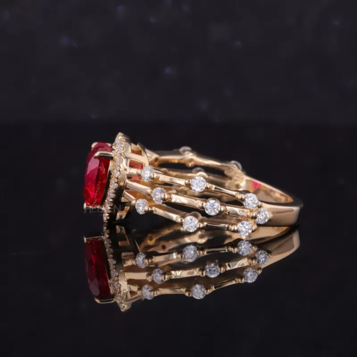 Heart Shaped Blood Red Gemstone & Moissanite Halo Ring