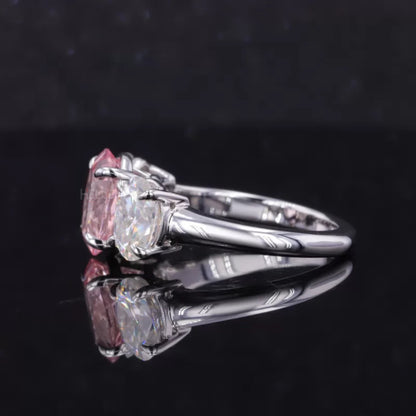 3 Stone Pink Oval Cut Moissanite Ring – 925 Sterling Silver