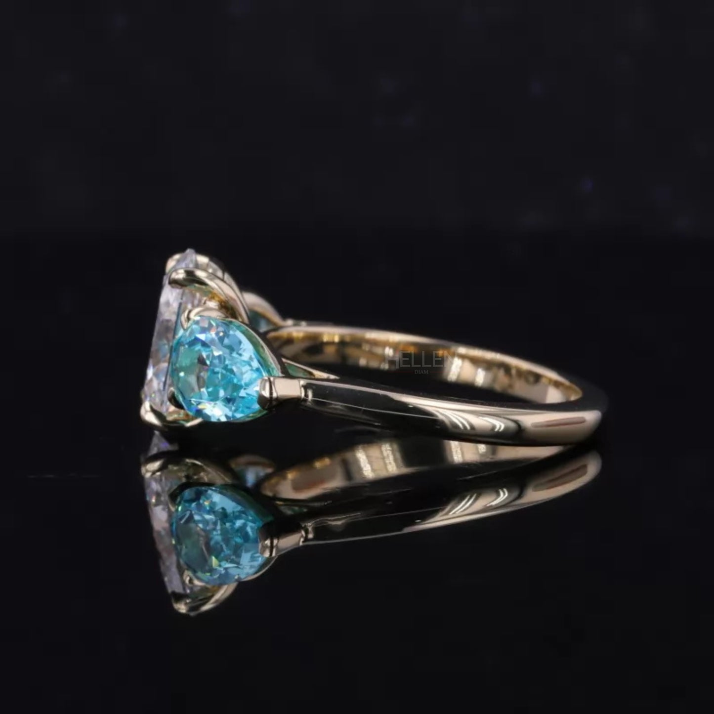 Aquamarine Pear & Oval Cut Moissanite 3 Stone Engagement Ring