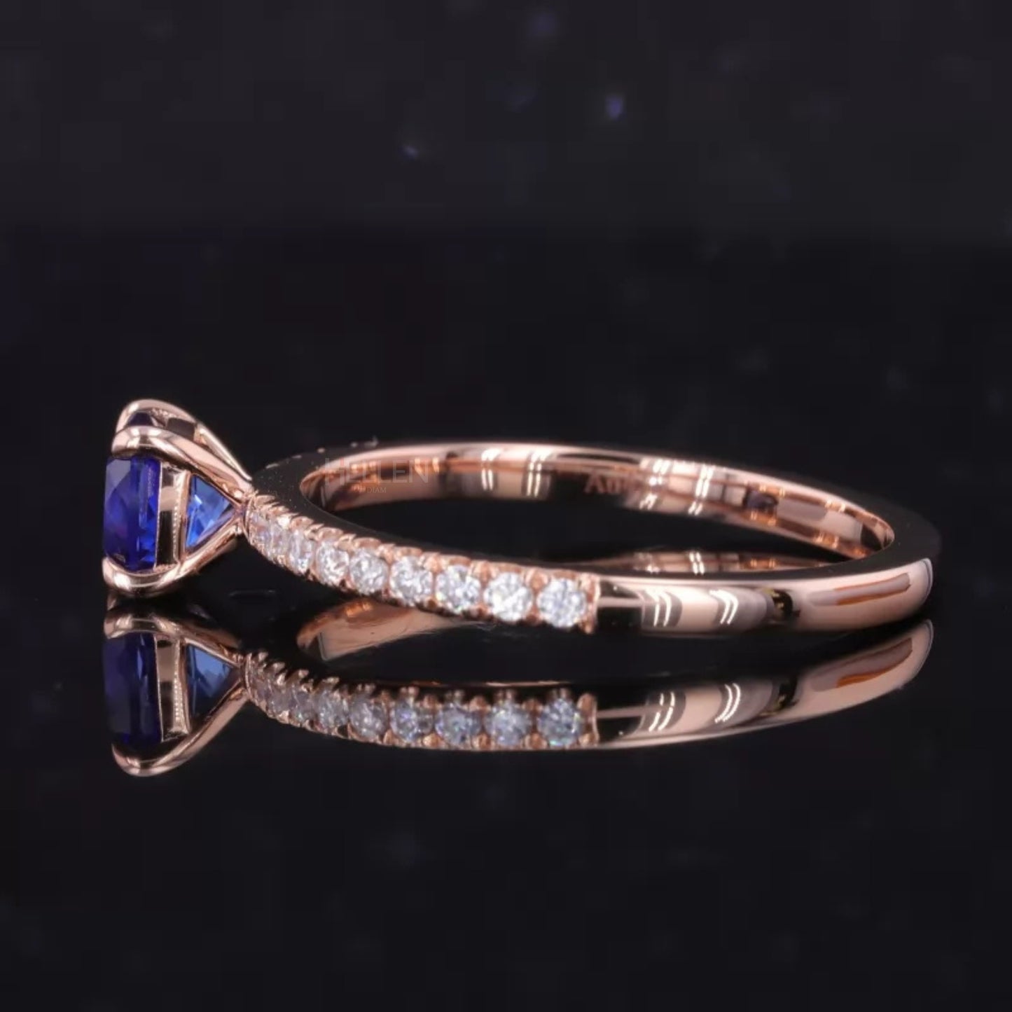 Cushion Cut Blue Sapphire Solitaire & Round Moissanite Ring