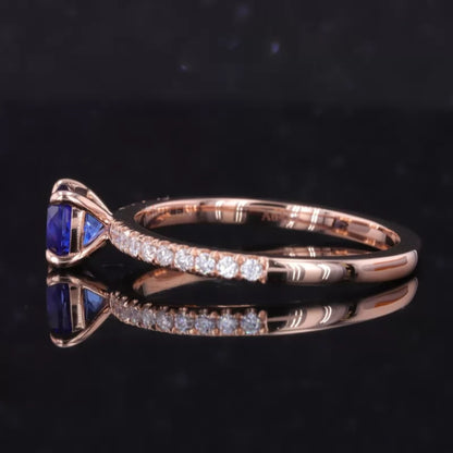 Cushion Cut Blue Sapphire Solitaire & Round Moissanite Ring