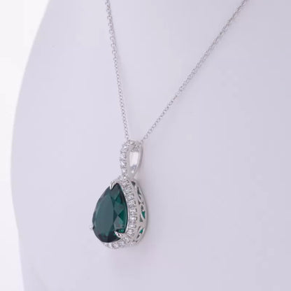 Bridesmaid Pear Cut Green Emerald And Moissanite Halo Necklace