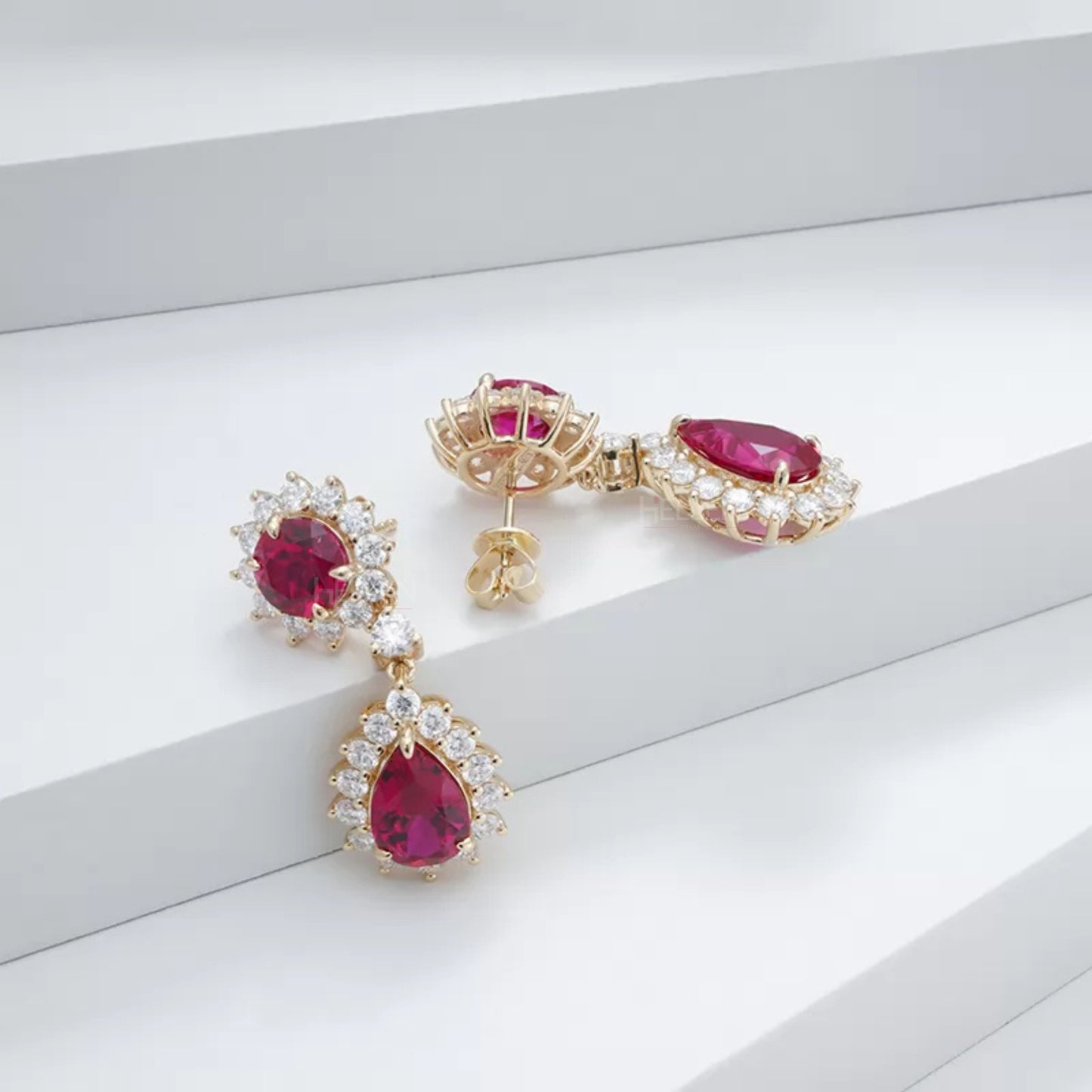 Stunning Ruby Halo Drop Earrings With Round Cut Moissanite