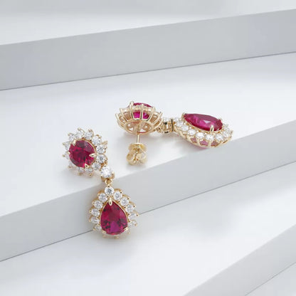 Stunning Ruby Halo Drop Earrings With Round Cut Moissanite