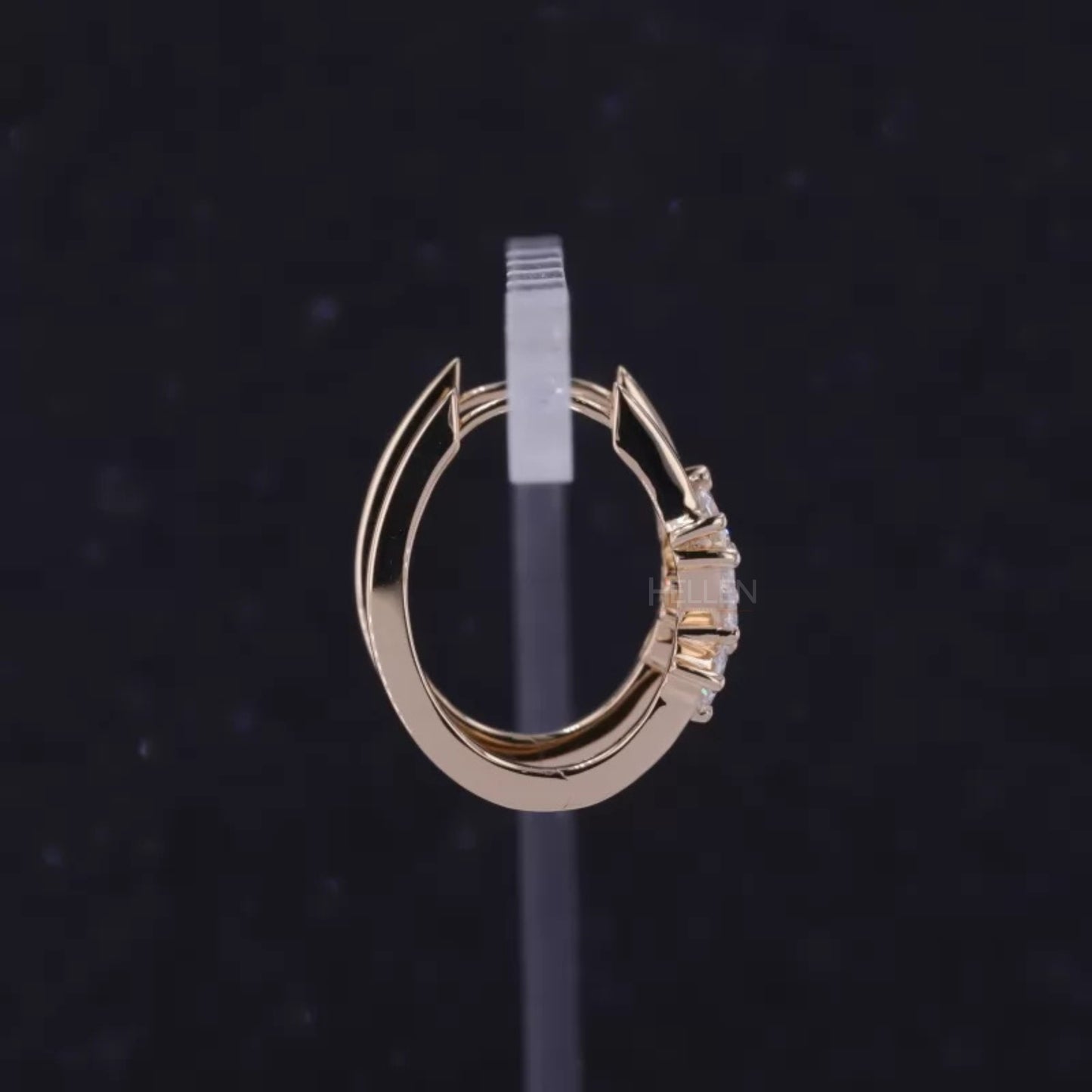 Three Stone Each Hoop Earring with Pear Cut Solitaire