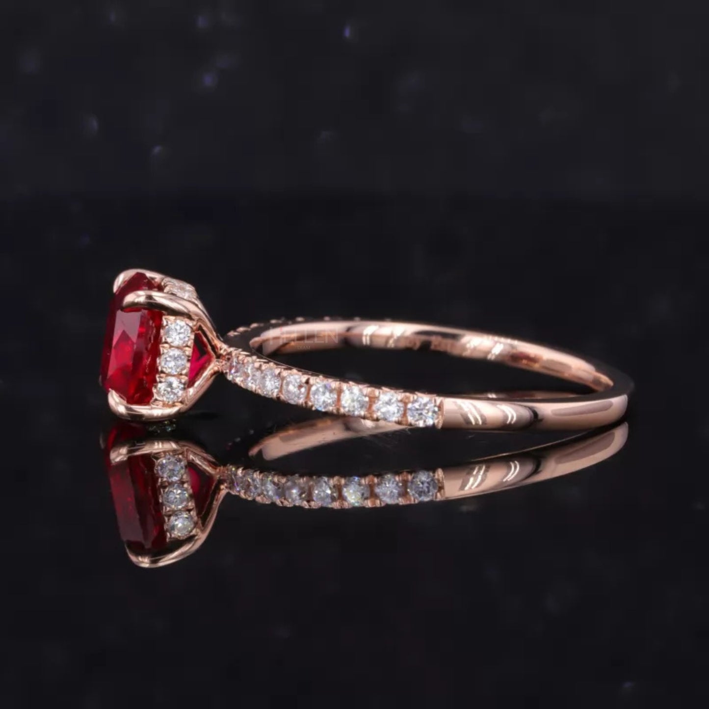 Red Ruby Cushion Cut Moissanite Pave Ring