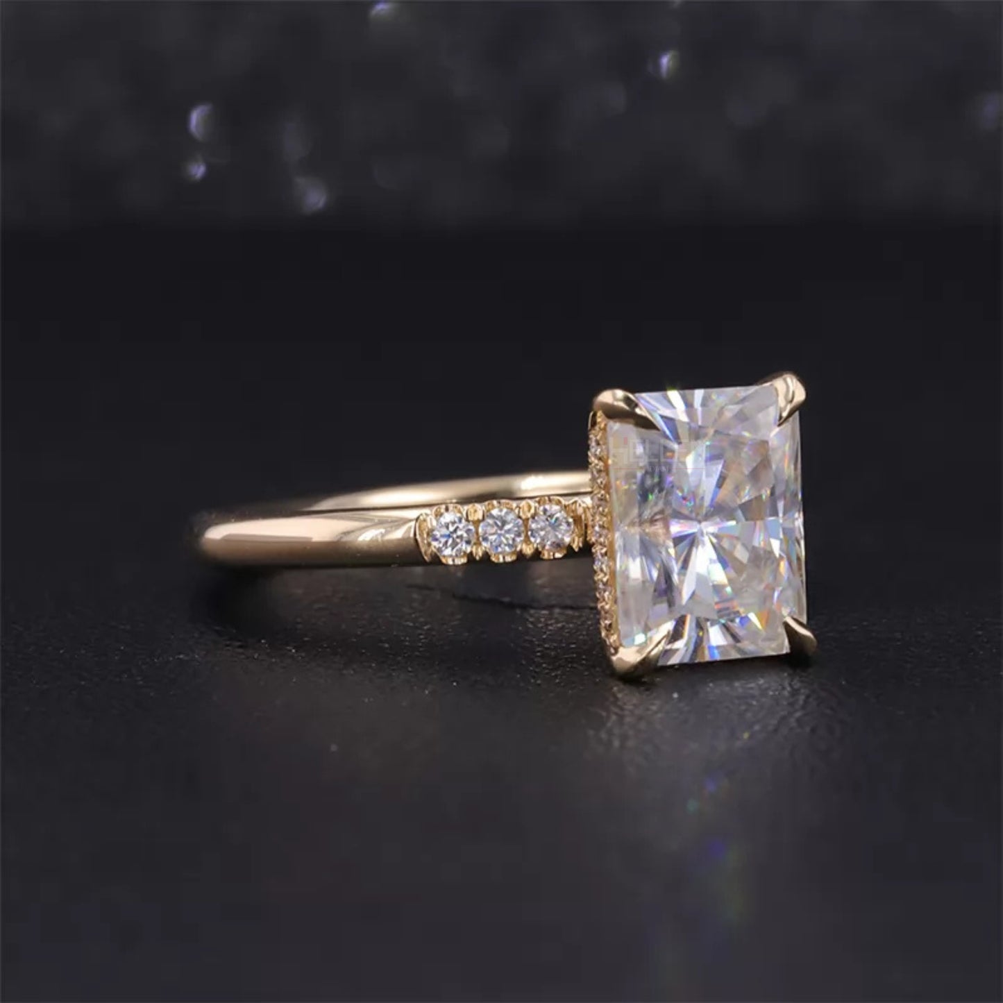 Radiant Cut Moissanite Solitaire Ring with Pave Diamond Shank