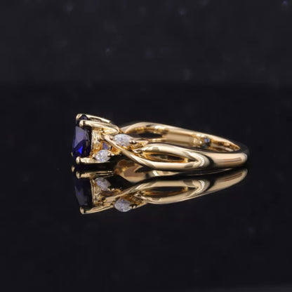 Blue Sapphire Round Cut Gemstone & Marquise Side Stone Ring
