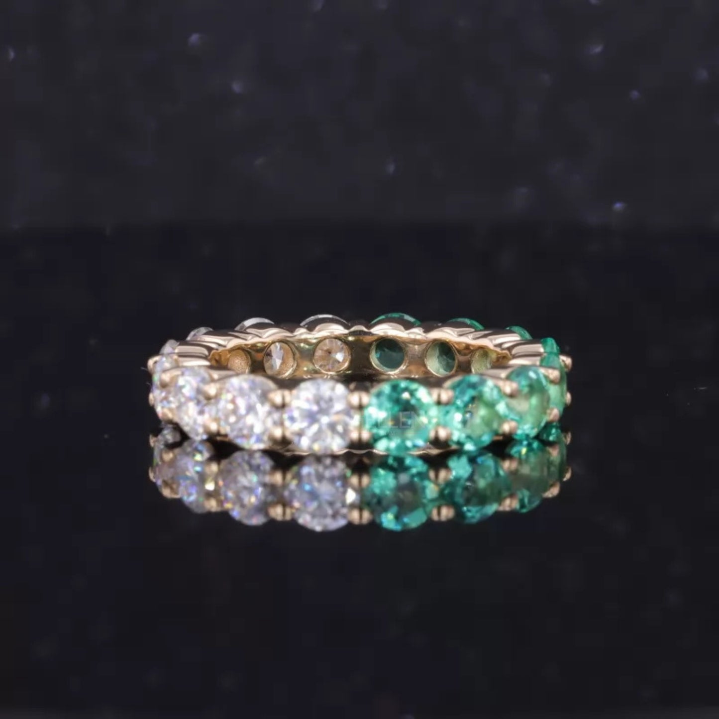 Half Green Gemstone & Moissanite Round Cut 2-in-1 Wedding Band