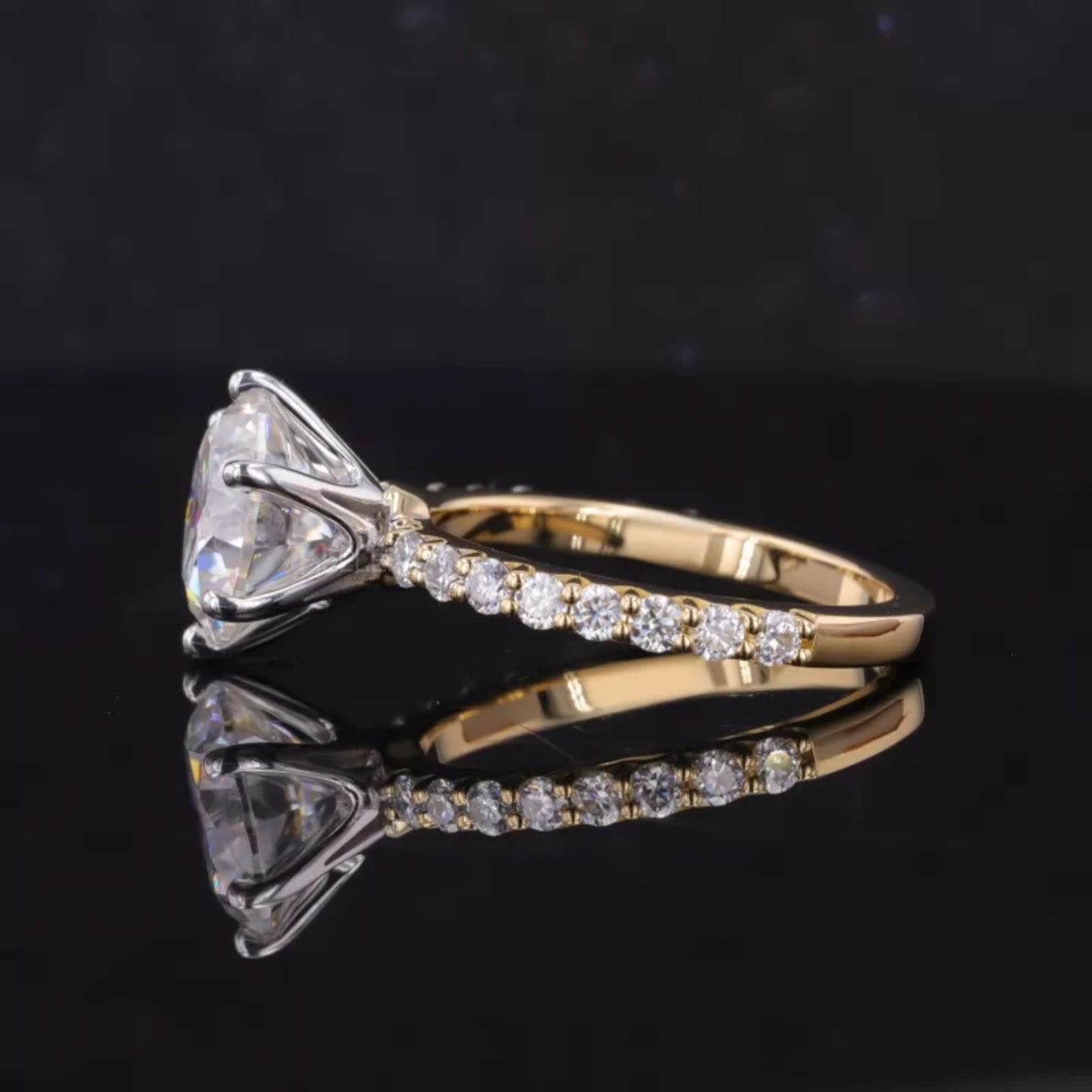 Round Cut Solitaire Moissanite 2-Tone Ring with Diamonds on Shank