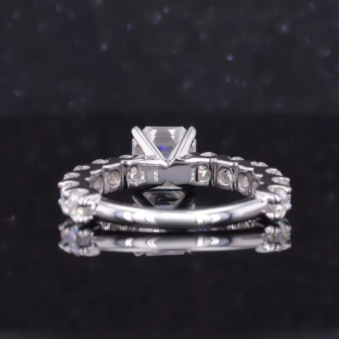 Asscher Cut Moissanite Solitaire Ring with Pave Diamond Shank