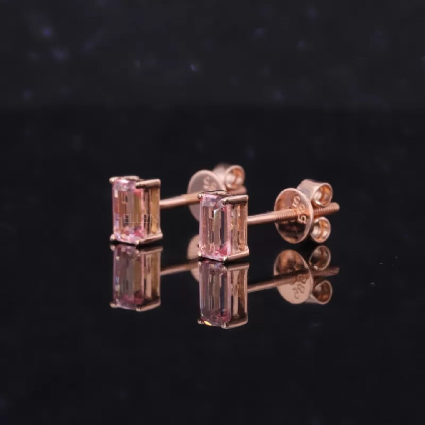 Pink Semi-Precious Emerald Cut Gemstone Studs
