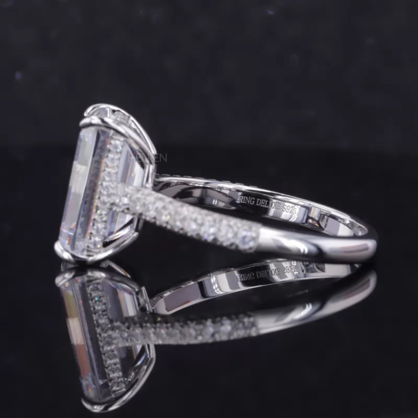 Emerald Cut Solitaire Moissanite Hidden Halo & Round Side Ring