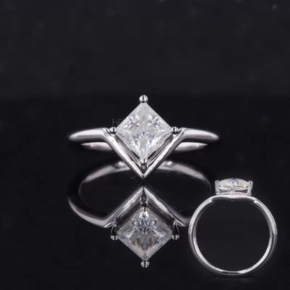 Princess Cut  Moissanite Solitaire Unique V Proposal Ring