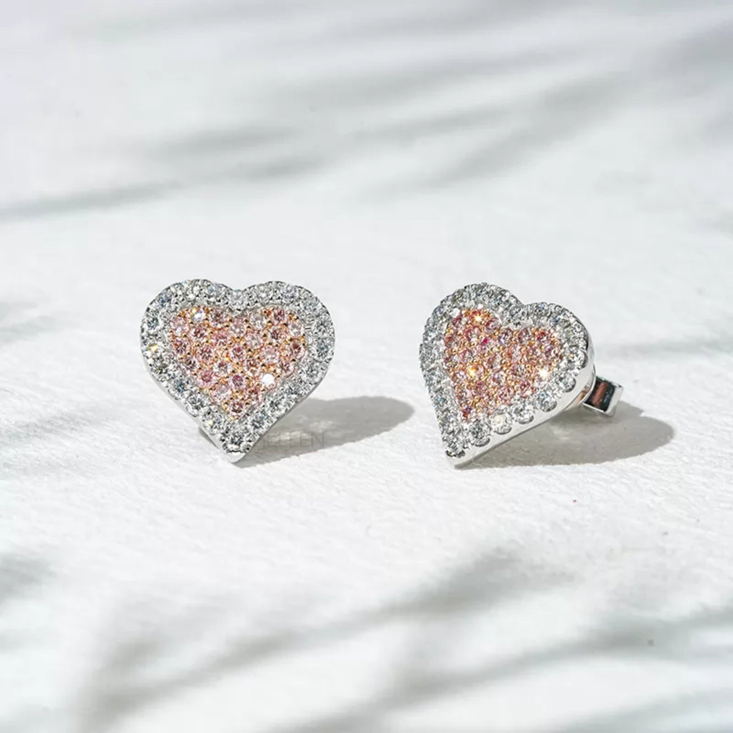 Pink Gemstone And Colorless Moissanite Heart shaped Studs