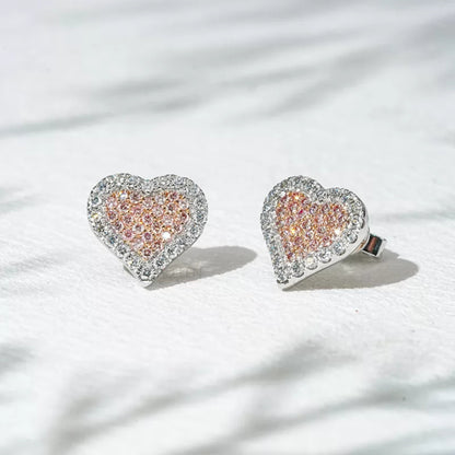 Pink Gemstone And Colorless Moissanite Heart shaped Studs