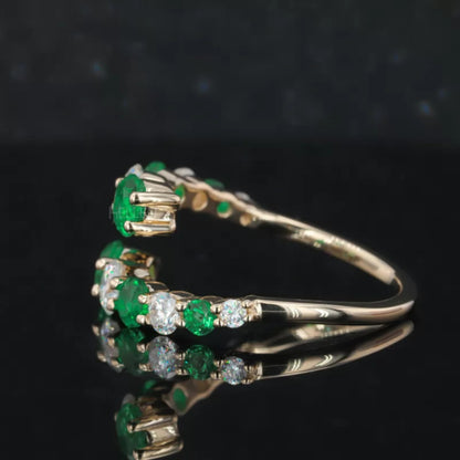 Round Cut Emerald & Moissanite Open Gap Wedding Band