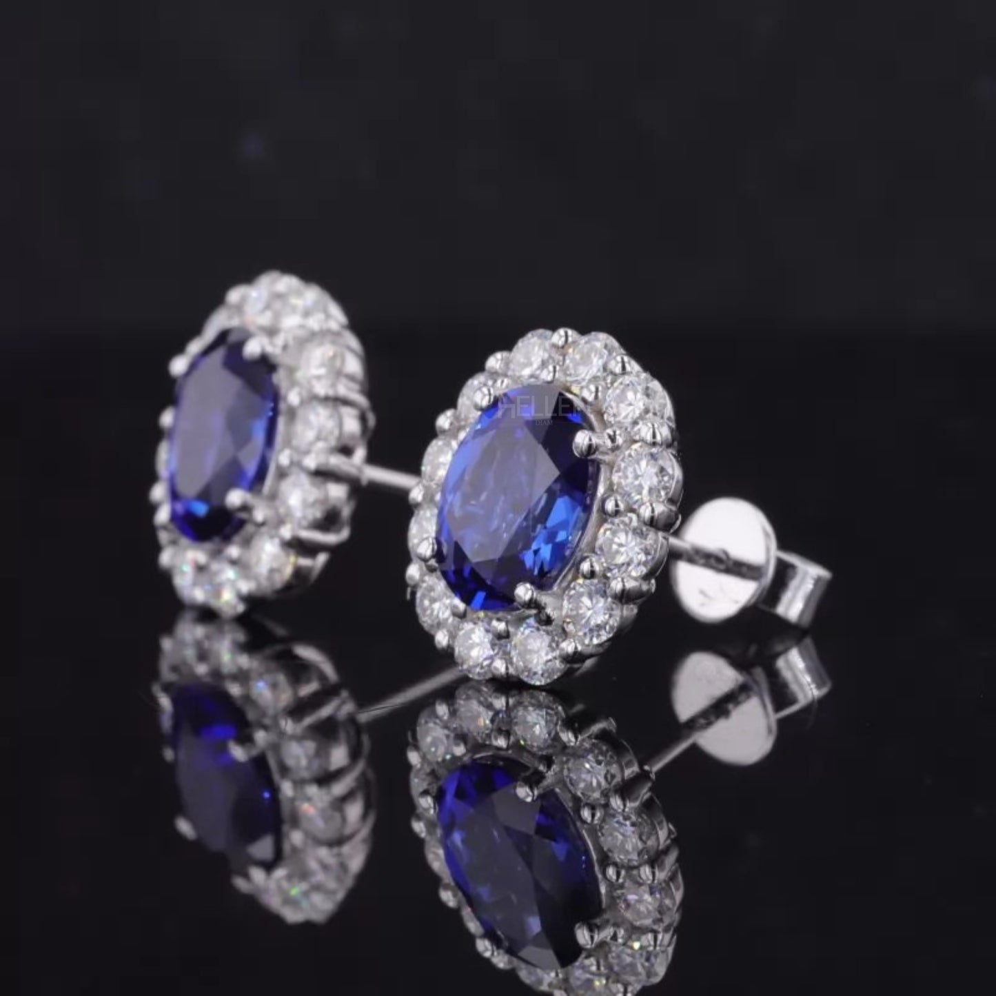 Blue Sapphire Oval Cut Gemstone With Round Cut Halo Studs Earring