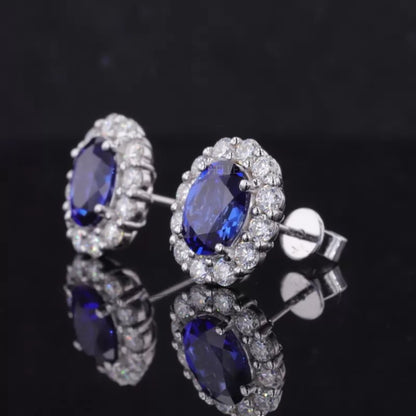 Blue Sapphire Oval Cut Gemstone With Round Cut Halo Studs Earring