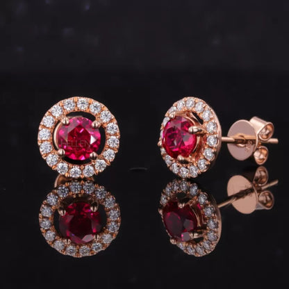 Halo Round solitaire Gemstone And Moissanite Studs