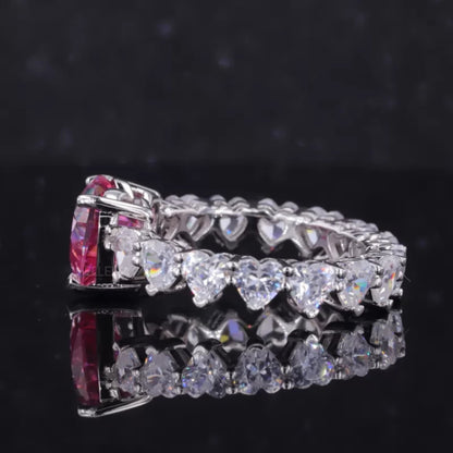 Pink Sapphire Heart Cut Solitaire & Moissanite Heart Shank Ring