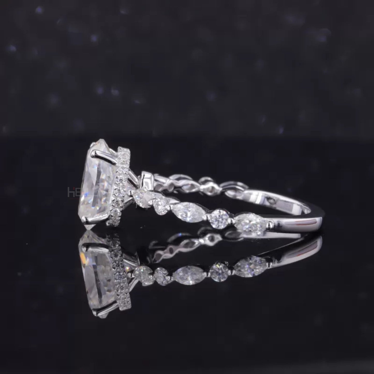 Oval Cut Solitaire with Marquise & Round Moissanite Hidden Halo Ring