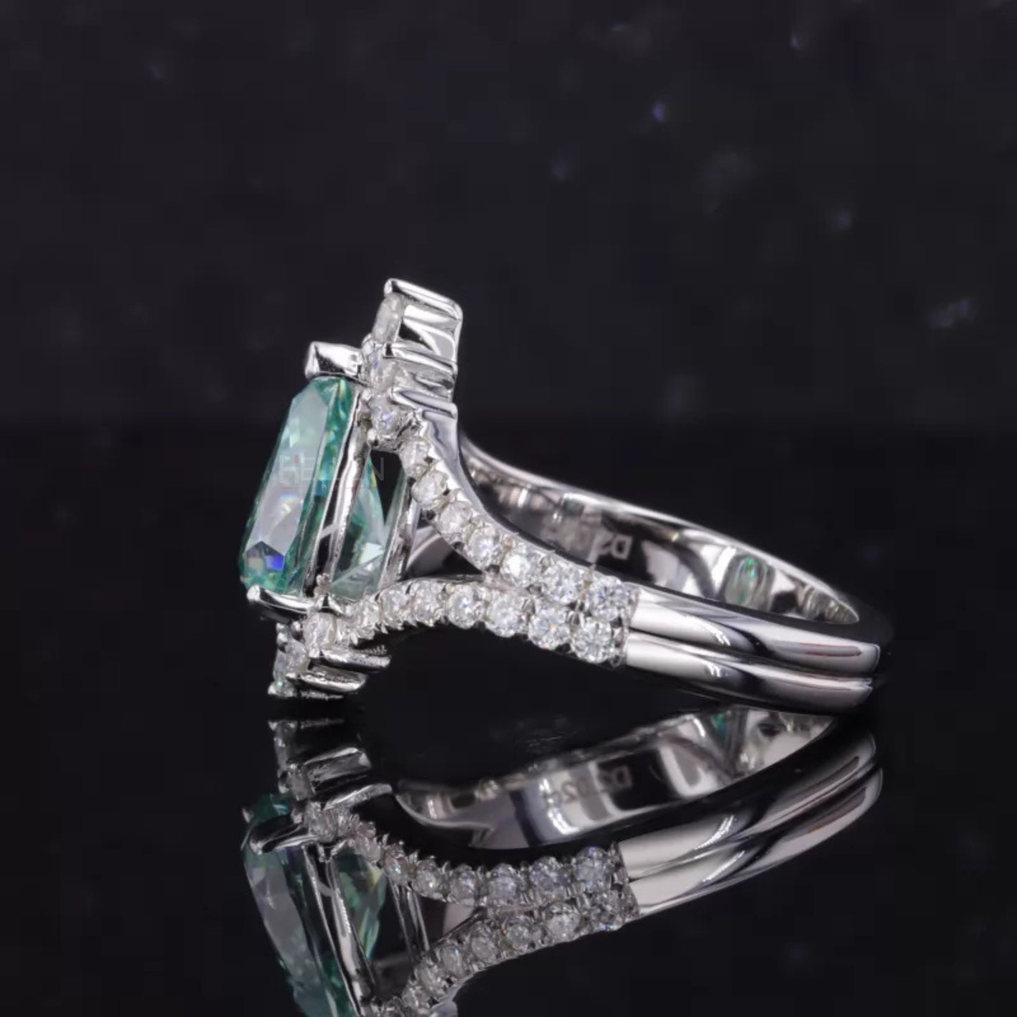 Blue-Green Pear & Round Moissanite Split Shank Engagement Ring