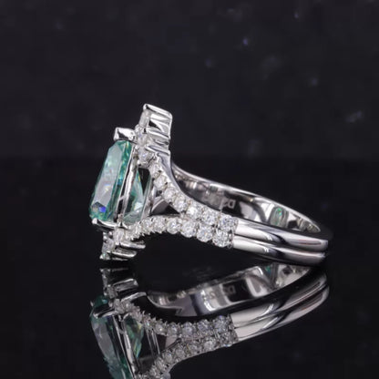 Blue-Green Pear & Round Moissanite Split Shank Engagement Ring