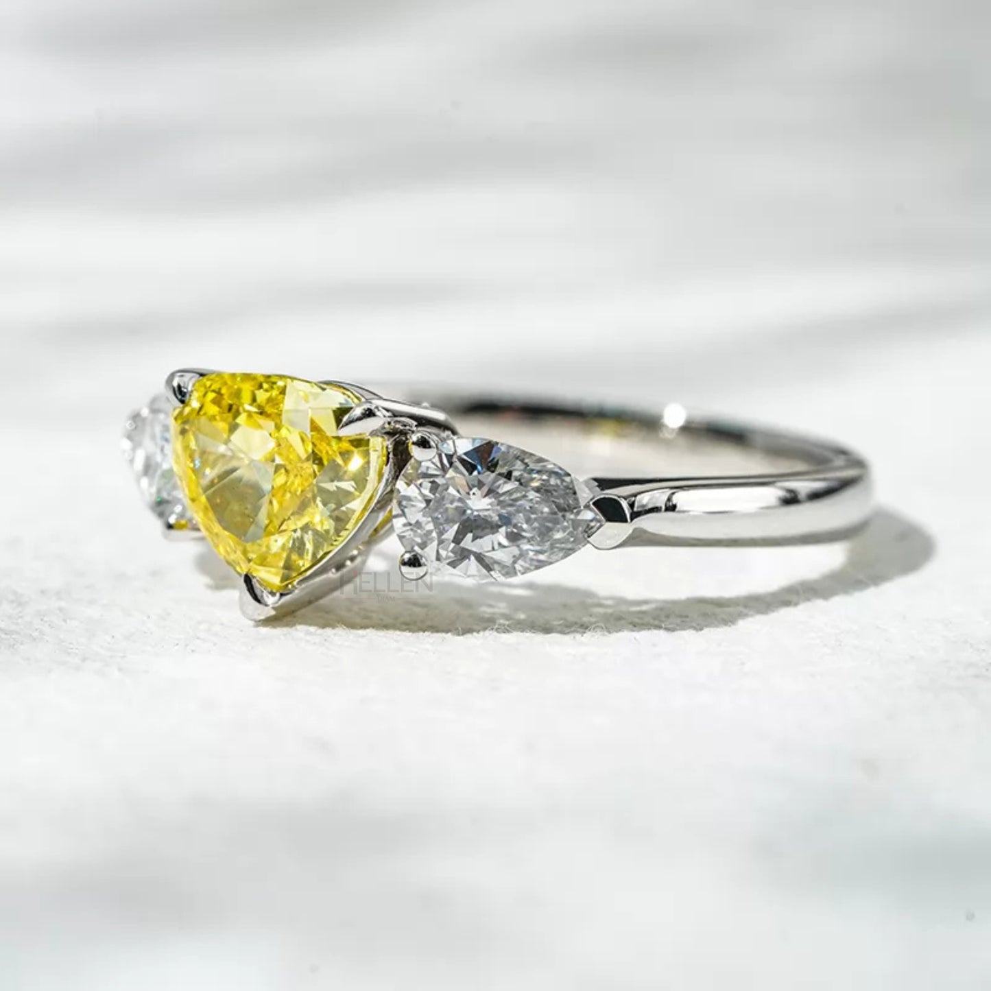 Yellow Sapphire Heart & Pear Cut Moissanite 3 Stone Engagement Ring