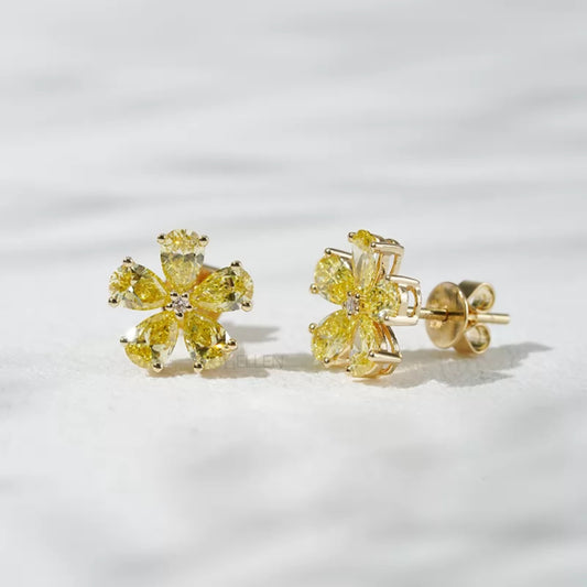 925 silver stud earrings with pear shaped yellow sapphire in floral design