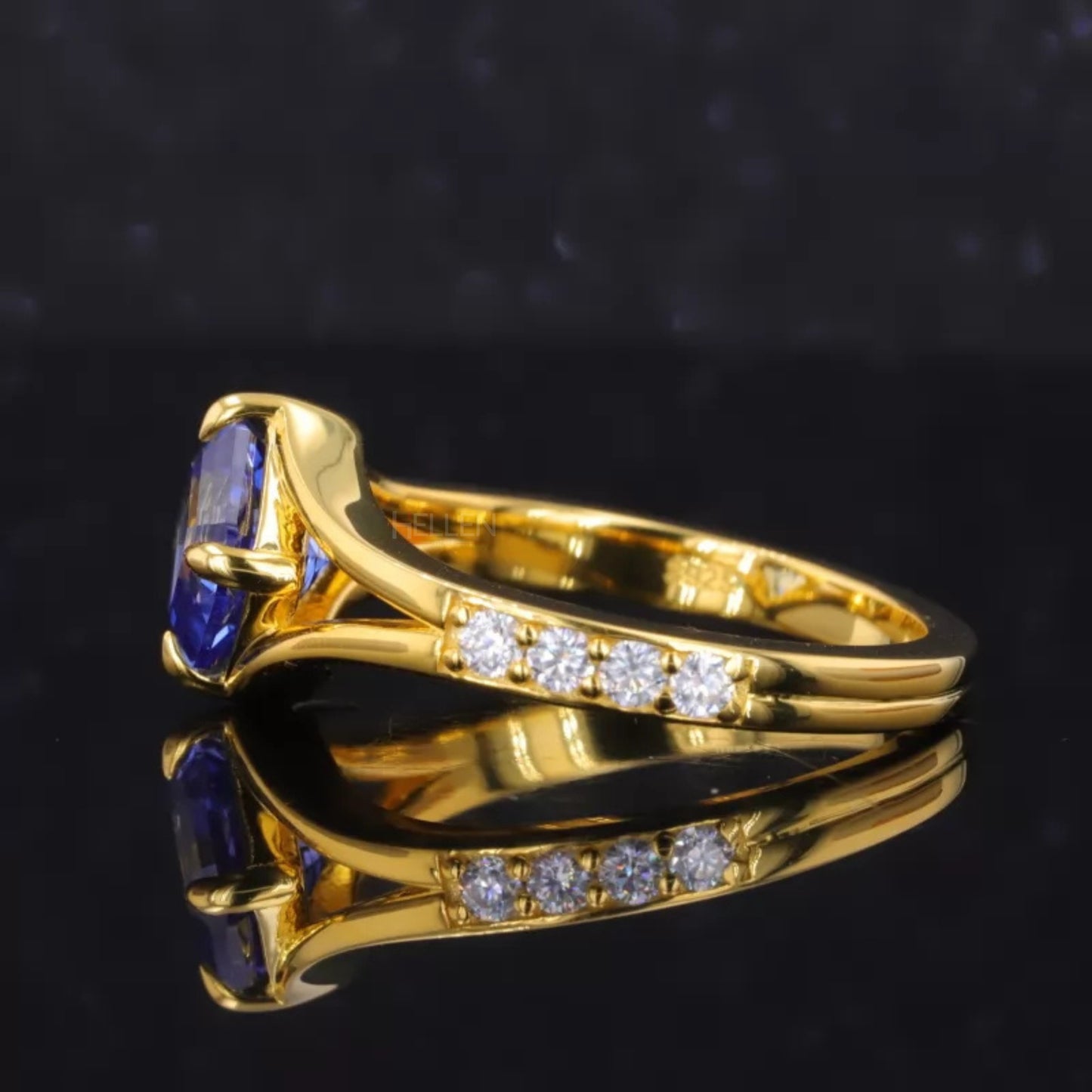 Princess Cut Blue Sapphire & Moissanite Pave Solitaire Ring