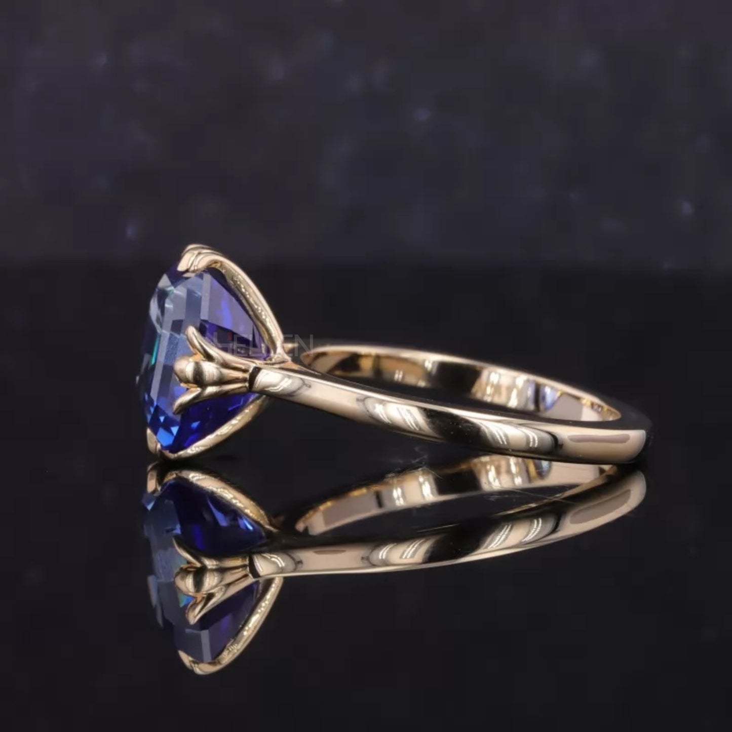 Asscher Cut Blue Sapphire Solitaire Engagement Ring With leaf Prong
