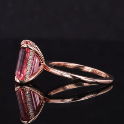 Pink Emerald Cut Gemstone Semi-Precious Halo Ring