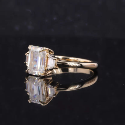Three Stone Emerald Cut Moissanite Engagement Ring