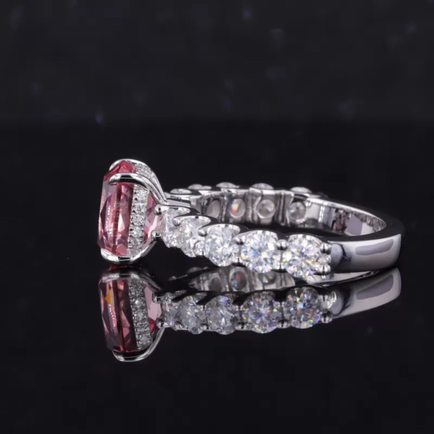 Pink Sapphire Elongated Cushion Cut Moissanite Pave Ring