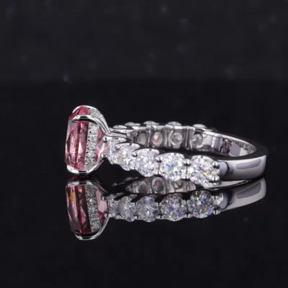 Pink Sapphire Elongated Cushion Cut Moissanite Pave Ring